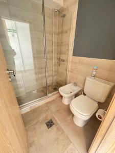 a bathroom with a toilet and a shower at Miras Apartment Ushuaia in Ushuaia