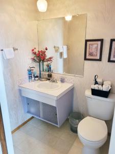 a bathroom with a sink and a toilet and a mirror at The Dewberry Homestay B&B in Edmonton +13 photos
