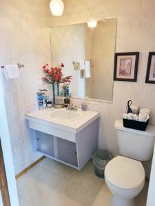 La salle de bains est pourvue d'un lavabo, de toilettes et d'un miroir. dans l'établissement The Dewberry Homestay B&B, à Edmonton
