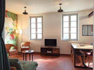 uma sala de estar com uma televisão e uma mesa em Le Colibri, Duplex Lumineux Intramuros em Avignon