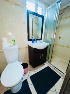 e bagno con servizi igienici, doccia e lavandino. di Eilat Beach House a Eilat