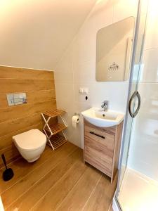 uma casa de banho com um WC, um lavatório e um chuveiro em Dom Wakacyjny Klifowa 1 em Mechelinki