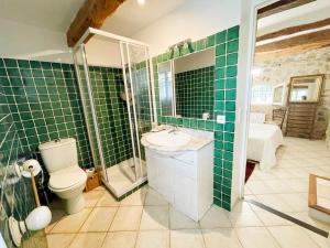 baño con lavabo, aseo y azulejos verdes en VILLA ARAGON Spa - au pied du village - idéale familles cousinades, en Seillans