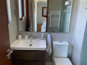 a bathroom with a sink and a toilet and a mirror at Dpto Pucon - Pinares 2D 2B in Pucón