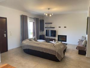 a living room with a couch and a tv at Villa Melydron in Nafplio