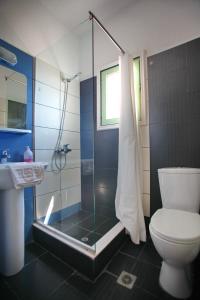 a bathroom with a shower and a toilet and a sink at Pelagos in Stafylos
