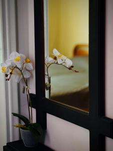 a mirror with white flowers in a vase on a table at Sunlight apartment in Néa Péramos