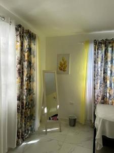 Cette chambre comprend un lit, un miroir et des rideaux. dans l'établissement Ottie-Newly Renovated, 5 min from beach, à Saint James