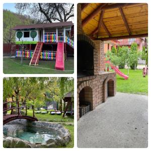 a collage of three pictures of a playground with a slide at Casa Elegant in Moieciu de Jos