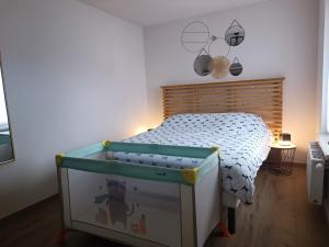 a bedroom with a bed with a crib in it at Au pied des champs - T2 50m2 au calme in Blaesheim