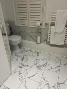 a bathroom with a toilet and a marble floor at Grand Tulse Hill Villa in London