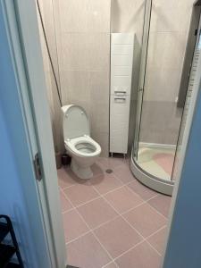 a bathroom with a toilet and a shower at Апартаменти Уют in Plovdiv