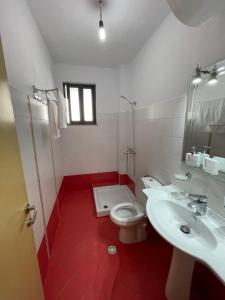 ein weißes Bad mit einem WC und einem Waschbecken in der Unterkunft Andi's Apartment 2 in Gjirokastër