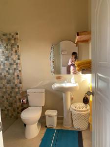 uma casa de banho com um WC, um lavatório e um espelho. em Palma Real 1 em Madama