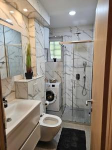 La salle de bains est pourvue d'un lavabo, de toilettes et d'une douche. dans l'établissement Apartment Mia, à Mostar