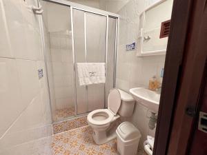 a bathroom with a shower and a toilet and a sink at Paraiso Cocora in Salento +40 photos
