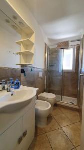 a bathroom with a sink and a toilet and a shower at Monolocale ultimo piano con terrazzo e posto auto in Zola Predosa