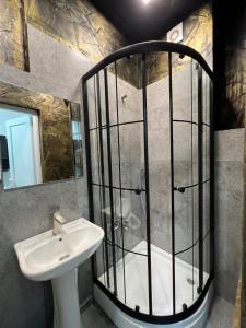 uma casa de banho com um chuveiro e um lavatório. em Grozno 6 em Tbilisi