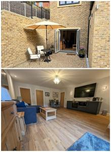 uma sala de estar e uma sala de estar com um guarda-chuva em Stansted Airport Stay, Parking and Luxury Suite em Birchanger