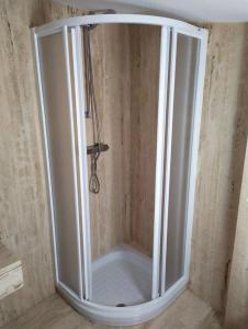 a shower with a glass door in a bathroom at Atico Praia Cambados in Cambados