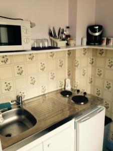 a kitchen with a sink and a microwave at Studio Plaisance in Contrexéville