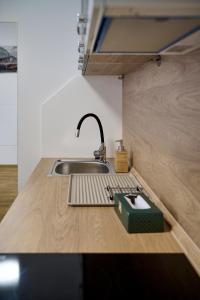encimera de cocina con fregadero y caja verde en JollyGarden Suite by Rentez, en Praga
