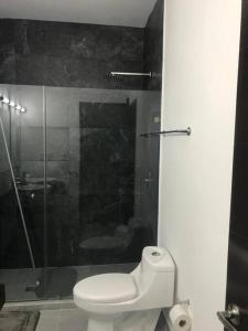 a bathroom with a toilet and a glass shower at Casa Kukulkan 1 in Puerto Morelos
