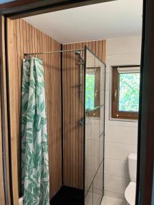 baño con ducha y puerta de cristal en Przytulny Domek z Banią en Brzozowa