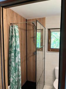 a bathroom with a shower with a glass door at Przytulny Domek z Banią in Brzozowa