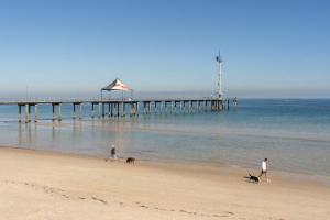 two people and two dogs walking on the beach near a pier at Brighton Beachfront Sanctuary - Retro Coastal Charm in Brighton
