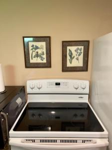 a stove top oven in a kitchen with two pictures on the wall at Charming 1-bedroom Basement Close to DC Pets Allowed in Arlington