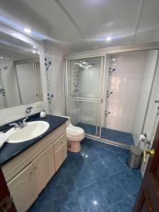 a bathroom with a toilet and a sink and a shower at Hermosa casa con gran ubicación in Bogotá