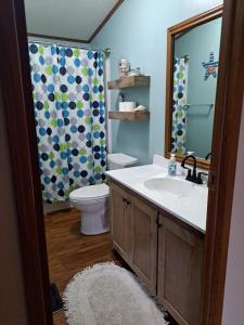 y baño con lavabo, aseo y ducha. en Kettle Moraine Lake House en Campbellsport