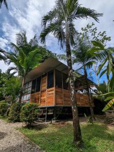 una casa con palmeras delante en Arboura Eco Cabins en Uvita