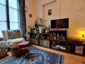 ein Wohnzimmer mit einem Flachbild-TV und einem Stuhl in der Unterkunft À côté du lac in Vevey + 7 Fotos