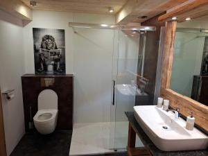 a bathroom with a shower and a toilet and a sink at RELAX in Ebensee +13 photos