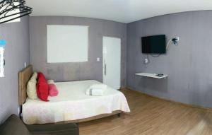 1 dormitorio con 1 cama con almohadas rojas y TV en OLÍMPIA APARTS Kitnet com cozinha e banheiro privativo PISCINA AQUECIDA, en Olímpia