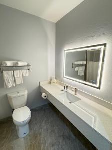 a bathroom with a toilet and a sink and a mirror at Americas Best Value Inn & Suites Haltom City Ft. Worth in Haltom City