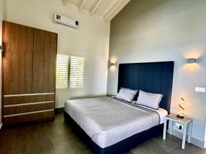 a bedroom with a large bed and a wooden cabinet at NEW Amazing Villa with Sea Views-Walk to Beach-8 guests-Private Pool in Willibrordus +86 photos