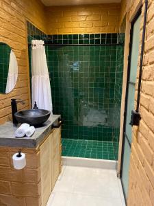uma casa de banho com um lavatório e um chuveiro em Casa Patio 5 em San Sebastián del Oeste
