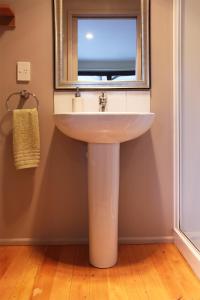 a bathroom with a sink and a mirror at Harbour Lodge in  Lyttelton