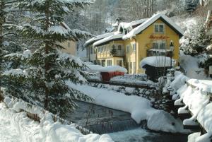 uma casa coberta de neve ao lado de um rio em Appartements Stocker - Zur Schmiede em Schladming