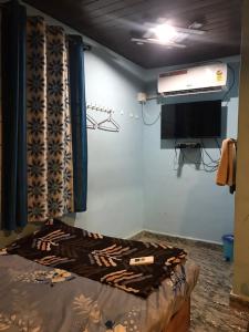 Habitación con cama y TV en la pared. en Ingawale farmhouse (agro tourism) en Sātāra