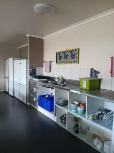 a kitchen with stainless steel appliances and a refrigerator at Purple Hen Country Lodge in Katikati