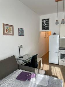 een woonkamer met een bank en een witte koelkast bij Apartments Ines - cozy studio in Zagreb