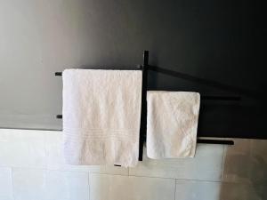 - 2 serviettes suspendues sur un portant dans la salle de bains dans l'établissement The Shed Venue & Boutique Hotel, à Lilongwe