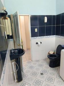 een badkamer met een zwart toilet en een wastafel bij Oasis del Placer MOYDA in La Paz