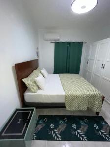 a small bedroom with a bed and a green shower at Apartamento Céntrico en Cabrera in Cabrera
