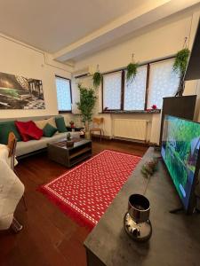 uma sala de estar com um sofá e uma televisão de ecrã plano em Charming and Cozy apartment in Bucharest center em Bucareste