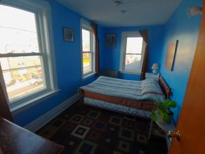 a blue room with a bed and two windows at The Arlington in Maynooth